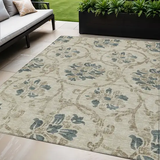 Beige Tan And Blue Floral Washable Indoor Outdoor Area Rug Photo 1