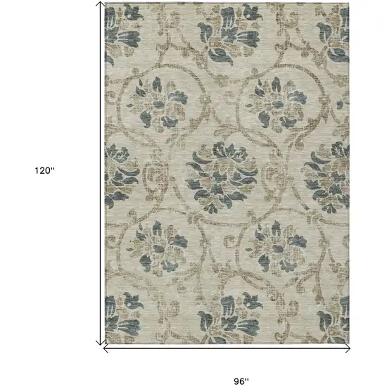 Beige Tan And Blue Floral Washable Indoor Outdoor Area Rug Photo 3