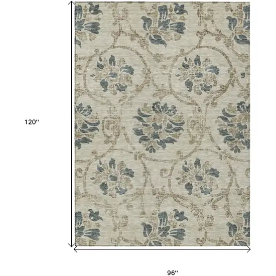 Beige Tan And Blue Floral Washable Indoor Outdoor Area Rug Photo 3