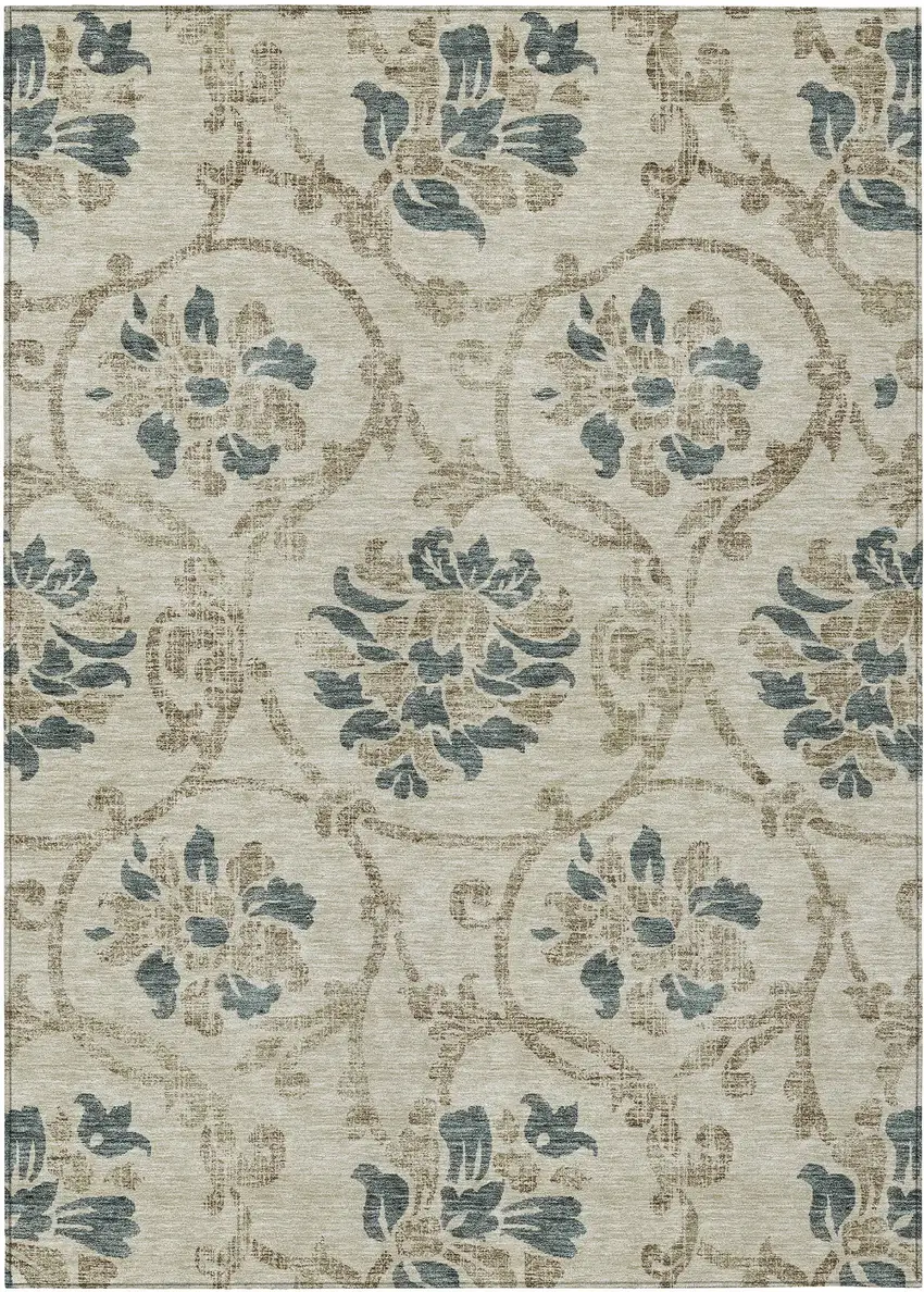 Beige Tan And Blue Floral Washable Indoor Outdoor Area Rug Photo 1