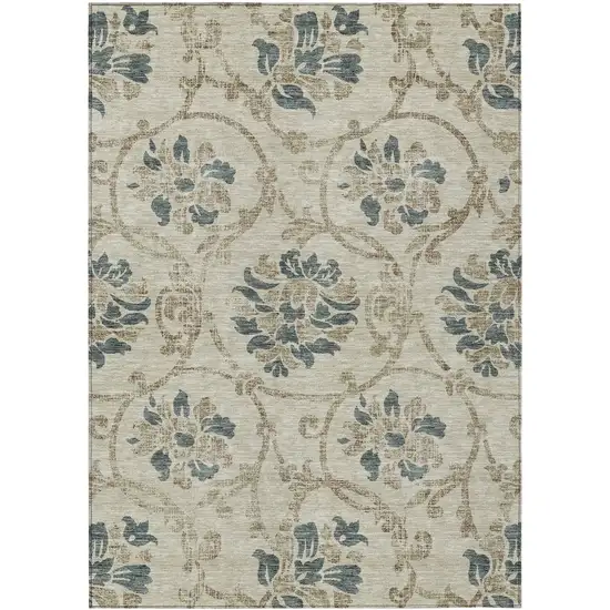Beige Tan And Blue Floral Washable Indoor Outdoor Area Rug Photo 1