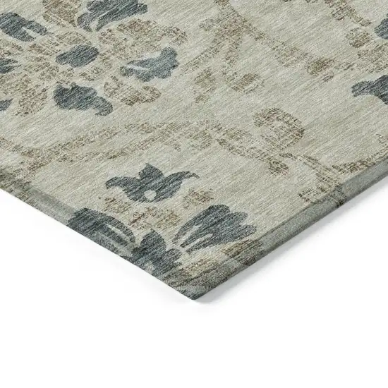 Beige Tan And Blue Floral Washable Indoor Outdoor Area Rug Photo 2