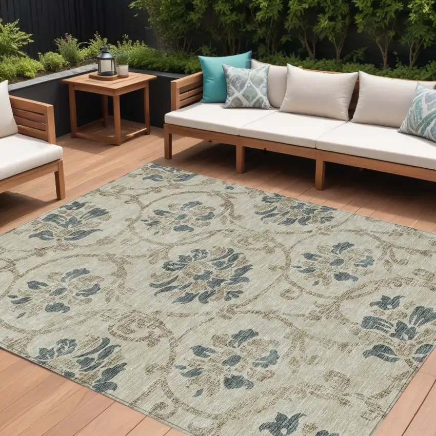 Beige Tan And Blue Floral Washable Indoor Outdoor Area Rug Photo 1