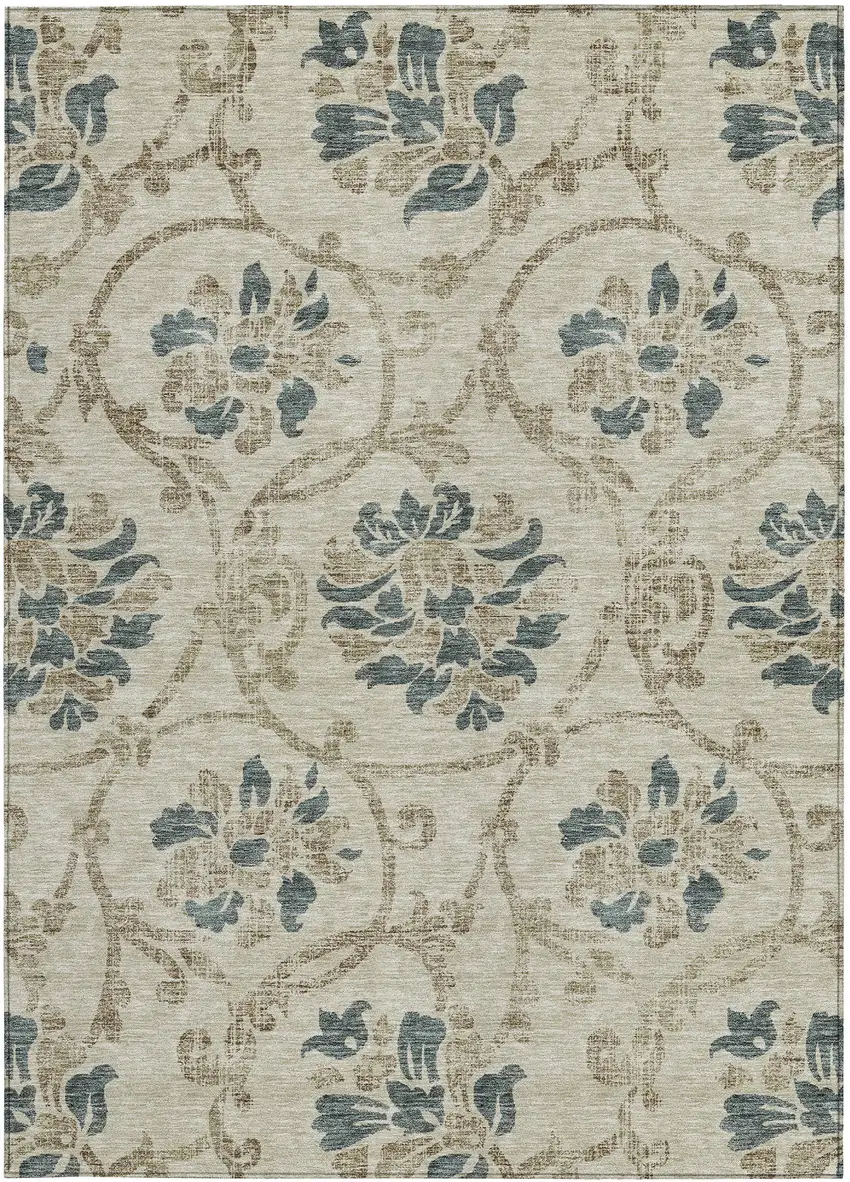 Beige Tan And Blue Floral Washable Indoor Outdoor Area Rug Photo 5