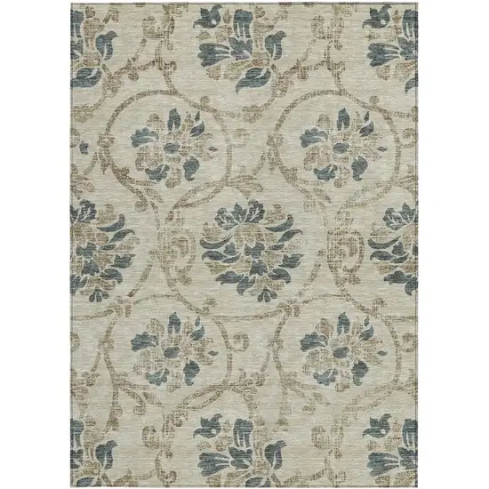 Beige Tan And Blue Floral Washable Indoor Outdoor Area Rug Photo 5