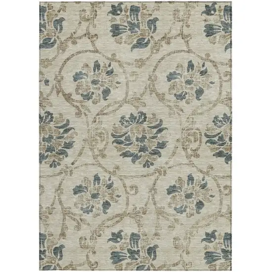 Beige Tan And Blue Floral Washable Indoor Outdoor Area Rug Photo 5