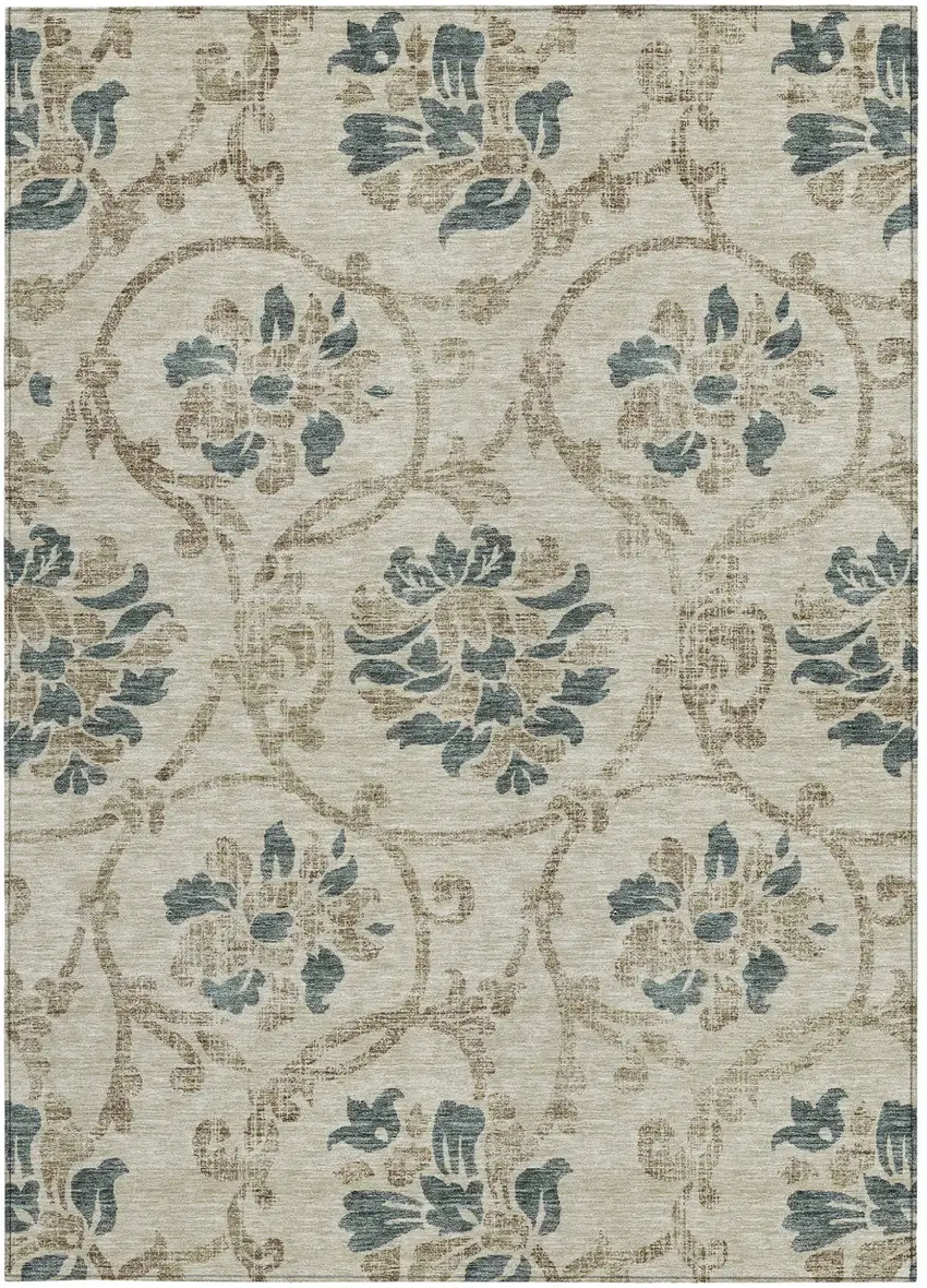 Beige Tan And Blue Floral Washable Indoor Outdoor Area Rug Photo 5