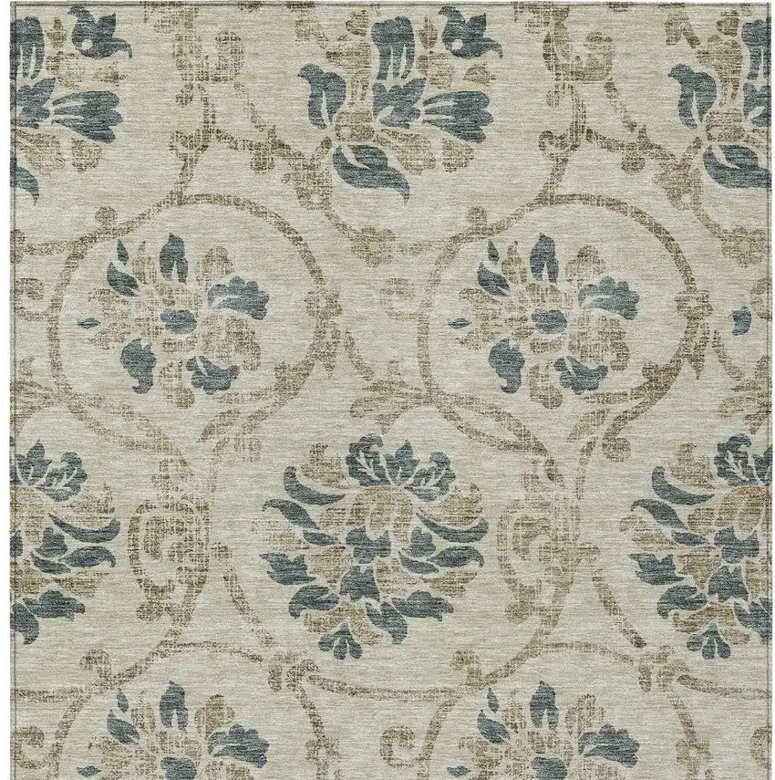 Beige Tan And Blue Floral Washable Indoor Outdoor Area Rug Photo 4
