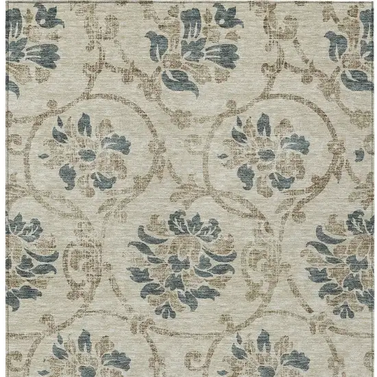 Beige Tan And Blue Floral Washable Indoor Outdoor Area Rug Photo 4