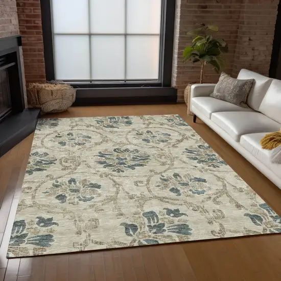 Beige Tan And Blue Floral Washable Indoor Outdoor Area Rug Photo 9