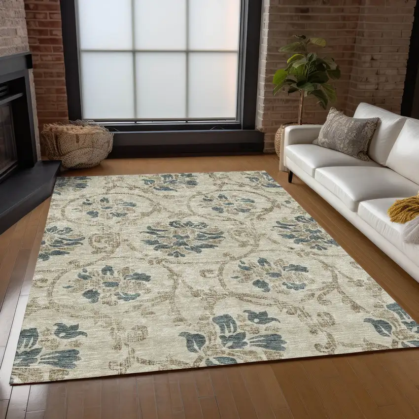 Beige Tan And Blue Floral Washable Indoor Outdoor Area Rug Photo 9