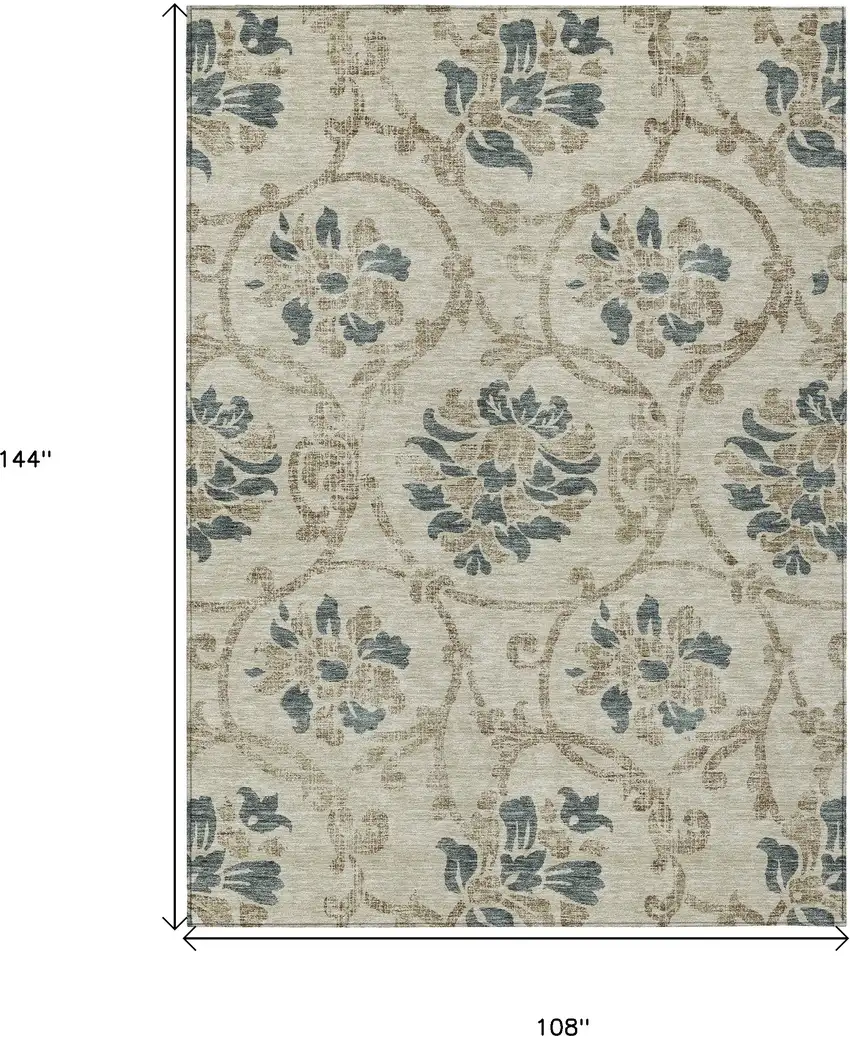 Beige Tan And Blue Floral Washable Indoor Outdoor Area Rug Photo 3