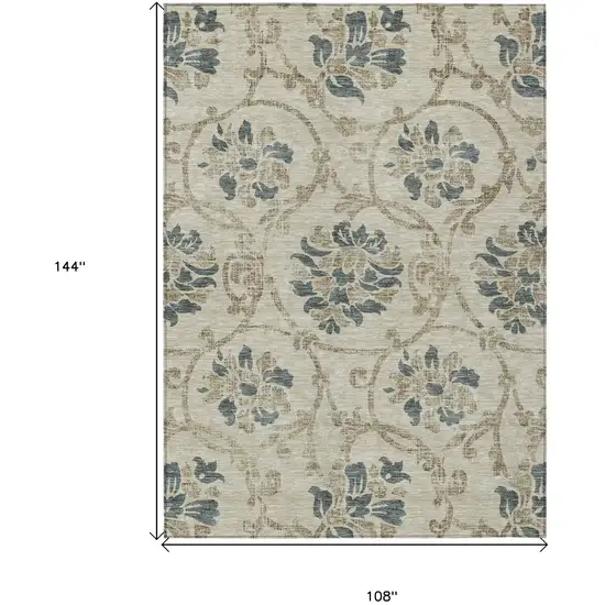 Beige Tan And Blue Floral Washable Indoor Outdoor Area Rug Photo 3