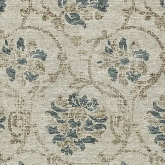 Beige Tan And Blue Floral Washable Indoor Outdoor Area Rug Photo 4