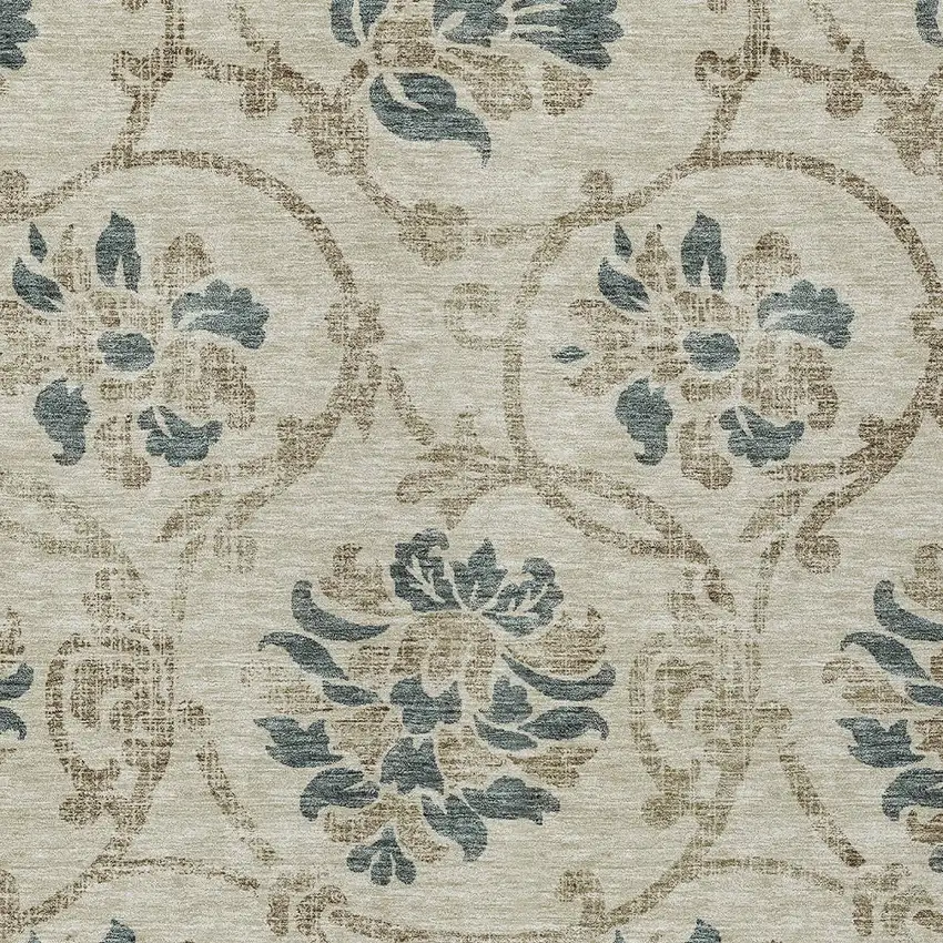Beige Tan And Blue Floral Washable Indoor Outdoor Area Rug Photo 4