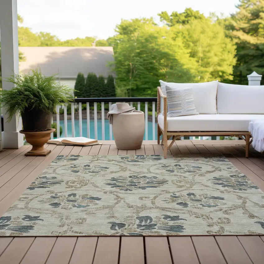 Beige Tan And Blue Floral Washable Indoor Outdoor Area Rug Photo 9
