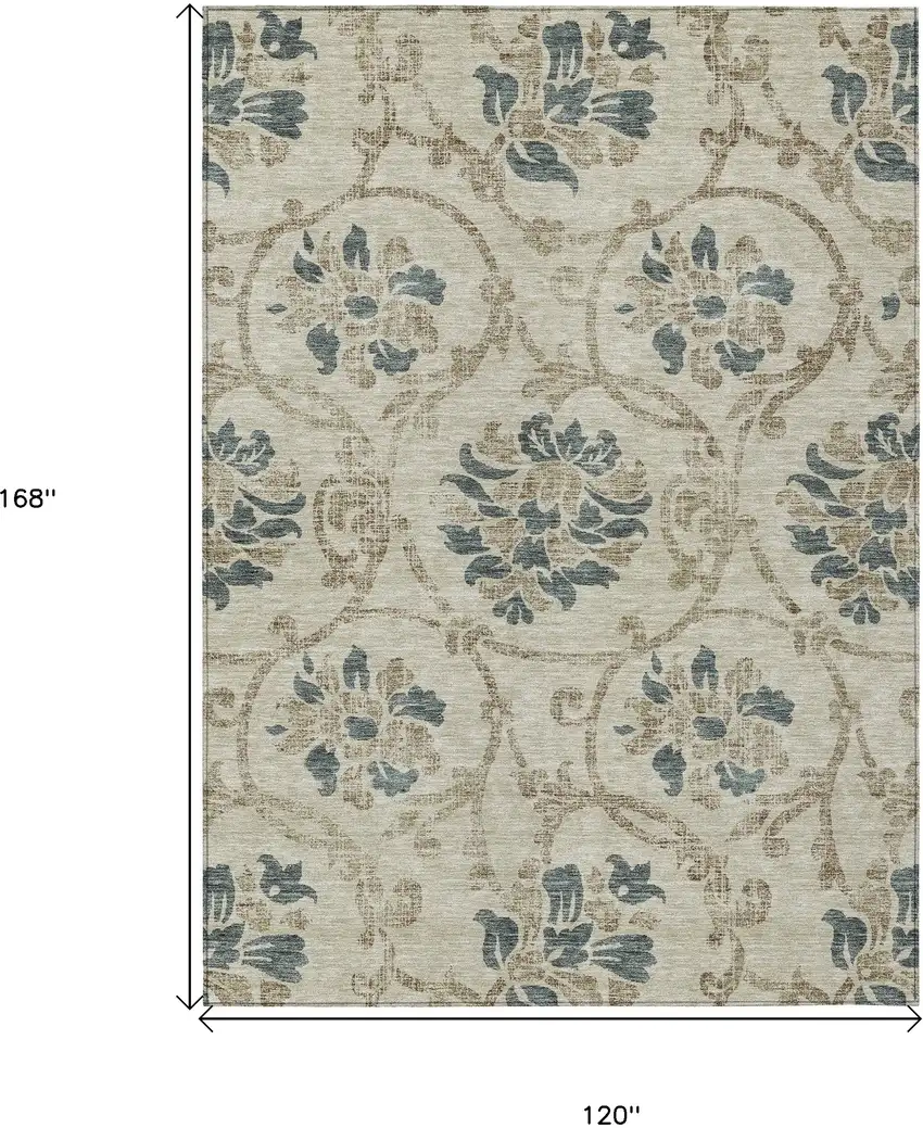Beige Tan And Blue Floral Washable Indoor Outdoor Area Rug Photo 3