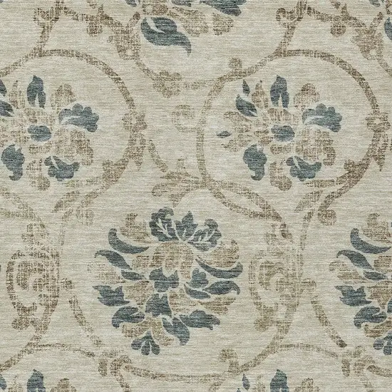Beige Tan And Blue Floral Washable Indoor Outdoor Area Rug Photo 4