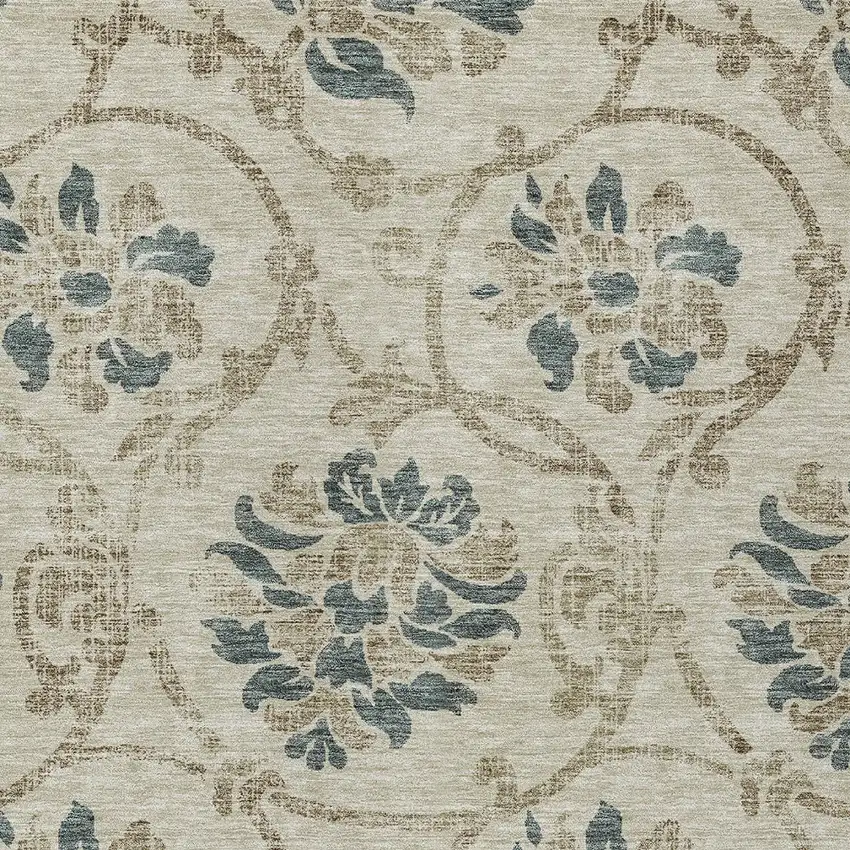 Beige Tan And Blue Floral Washable Indoor Outdoor Area Rug Photo 4