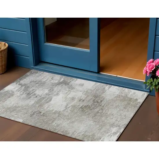 Beige Tan And Gray Abstract Washable Indoor Outdoor Area Rug Photo 1