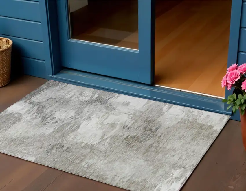 Beige Tan And Gray Abstract Washable Indoor Outdoor Area Rug Photo 1