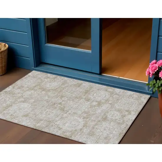 Beige Tan And Gray Floral Washable Indoor Outdoor Area Rug Photo 1