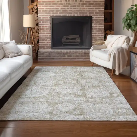 Beige Tan And Gray Floral Washable Indoor Outdoor Area Rug Photo 7
