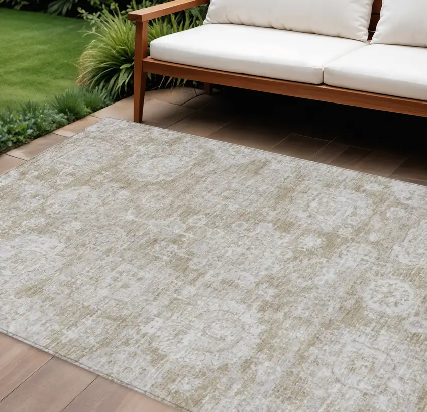 Beige Tan And Gray Floral Washable Indoor Outdoor Area Rug Photo 1