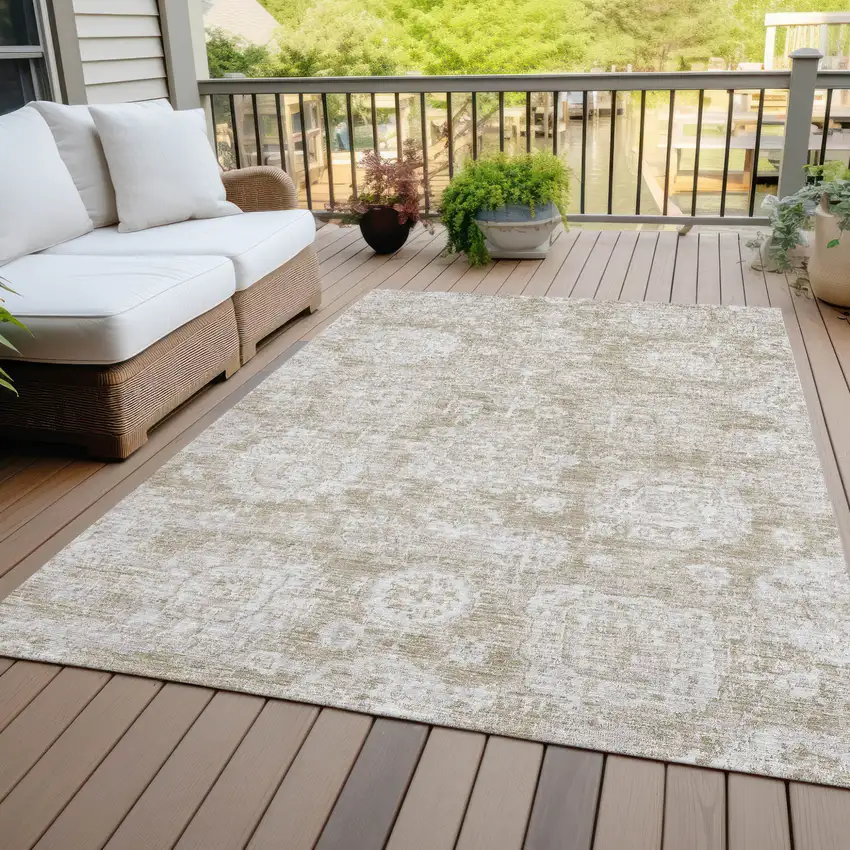 Beige Tan And Gray Floral Washable Indoor Outdoor Area Rug Photo 9