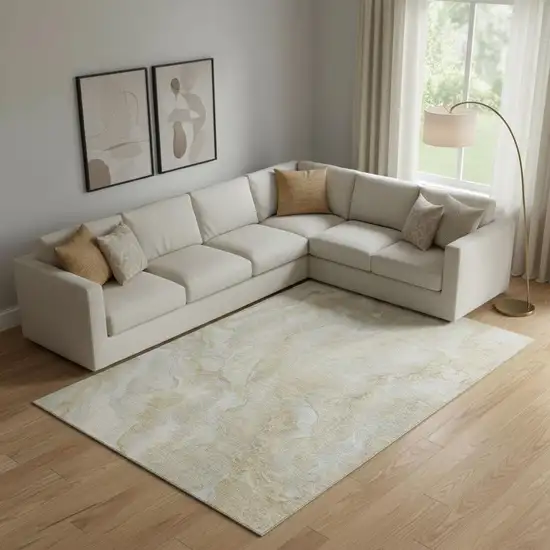 Beige Tan And Ivory Abstract Washable Area Rug With UV Protection Photo 2