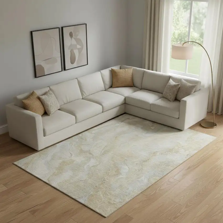 Beige Tan And Ivory Abstract Washable Area Rug With UV Protection Photo 2