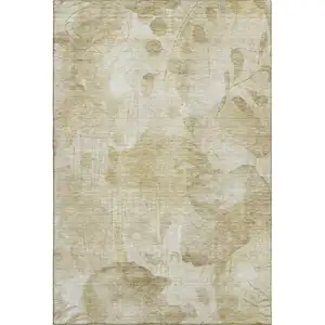 Photo of Beige Tan And Ivory Floral Washable Area Rug With UV Protection