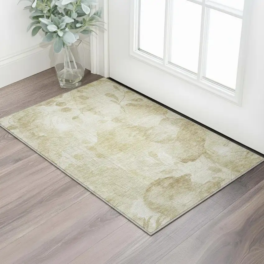 Beige Tan And Ivory Floral Washable Area Rug With UV Protection Photo 2