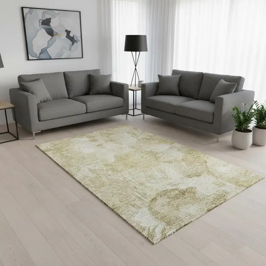 Beige Tan And Ivory Floral Washable Area Rug With UV Protection Photo 2