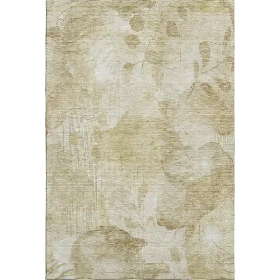 Beige Tan And Ivory Floral Washable Area Rug With UV Protection Photo 1