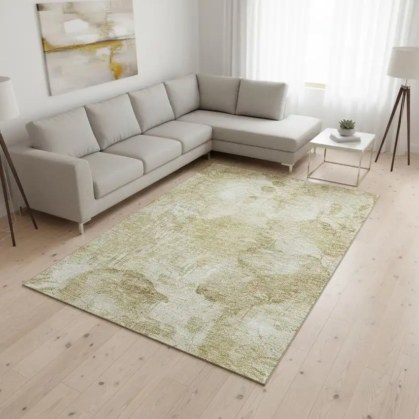 Beige Tan And Ivory Floral Washable Area Rug With UV Protection Photo 2