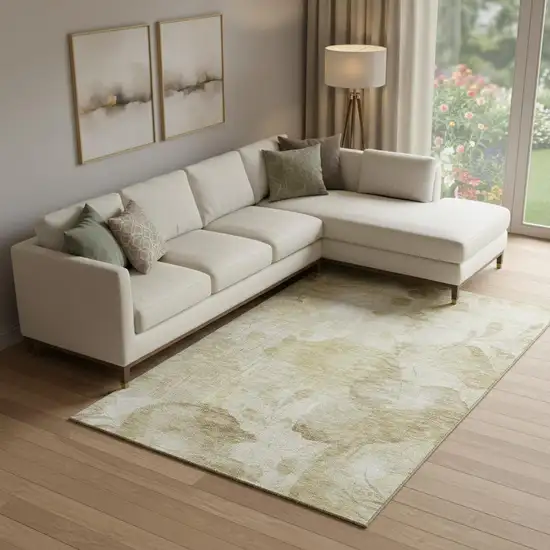 Beige Tan And Ivory Floral Washable Area Rug With UV Protection Photo 1
