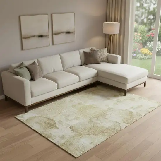 Beige Tan And Ivory Floral Washable Area Rug With UV Protection Photo 1