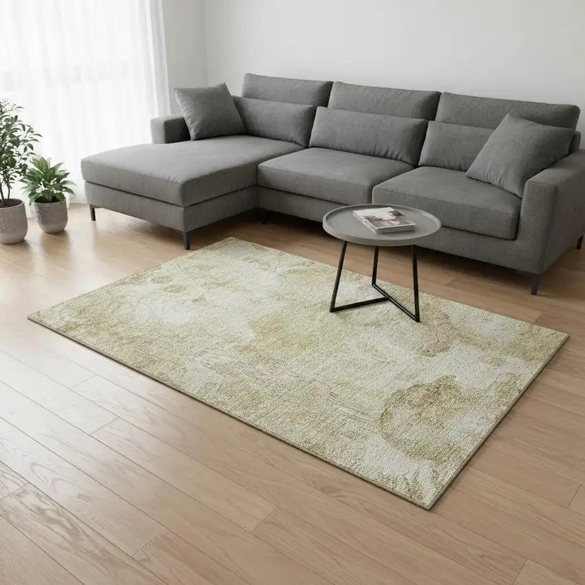 Beige Tan And Ivory Floral Washable Area Rug With UV Protection Photo 2