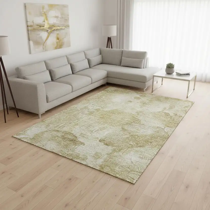 Beige Tan And Ivory Floral Washable Area Rug With UV Protection Photo 2