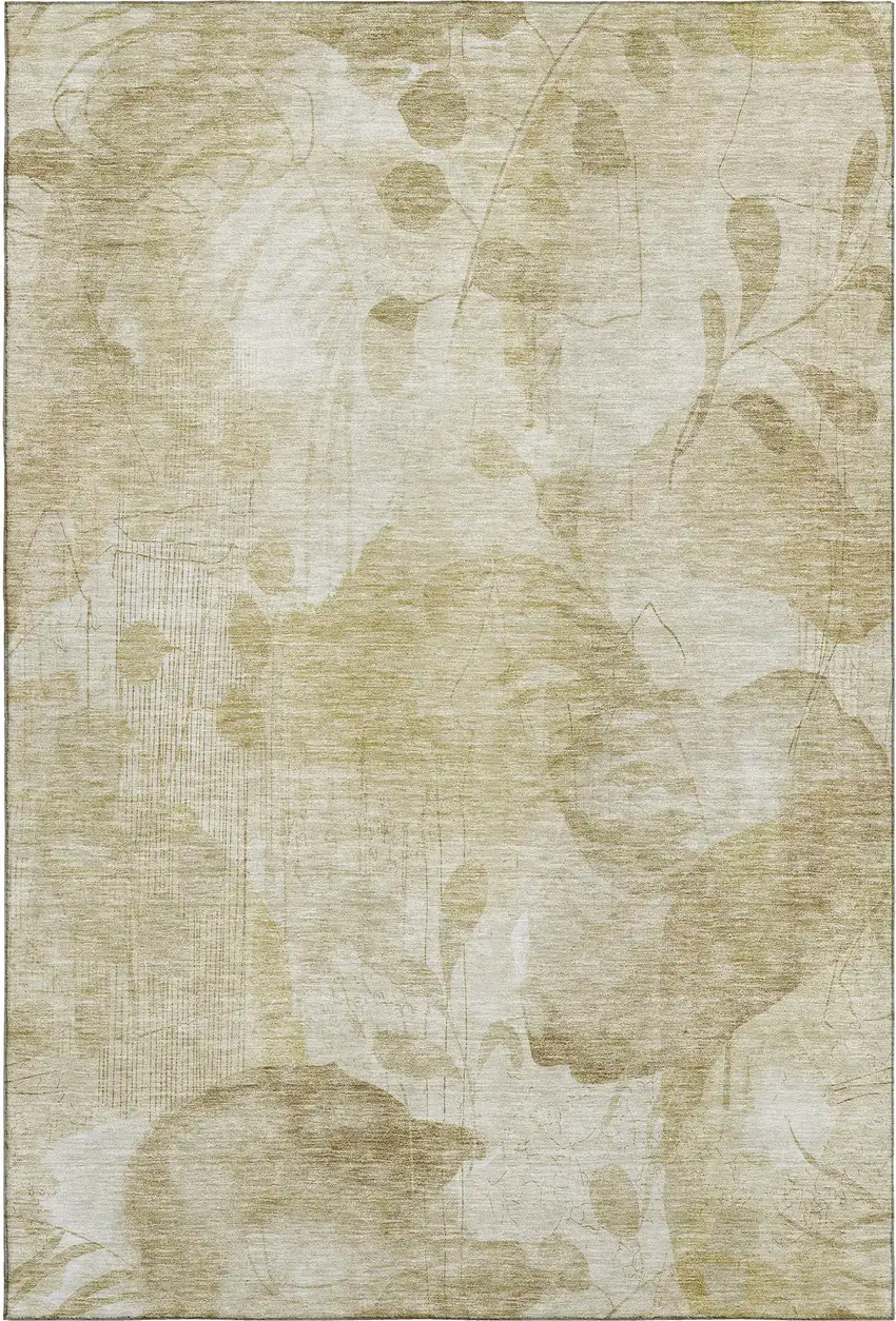 Beige Tan And Ivory Floral Washable Area Rug With UV Protection Photo 1