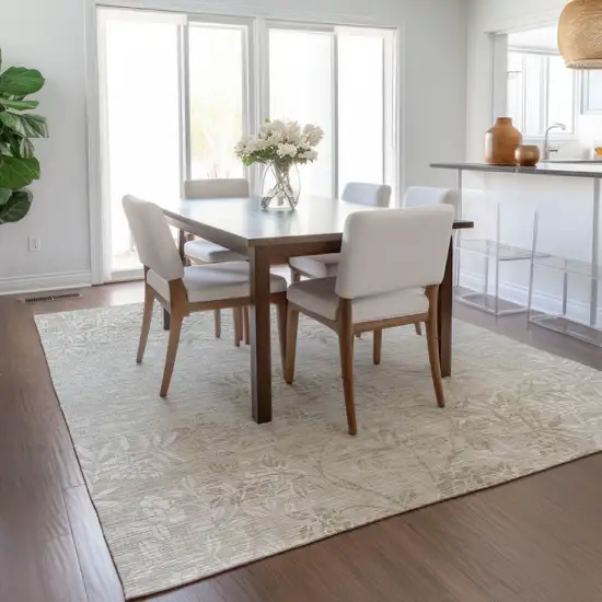 Beige Tan And Ivory Floral Washable Indoor Outdoor Area Rug Photo 9