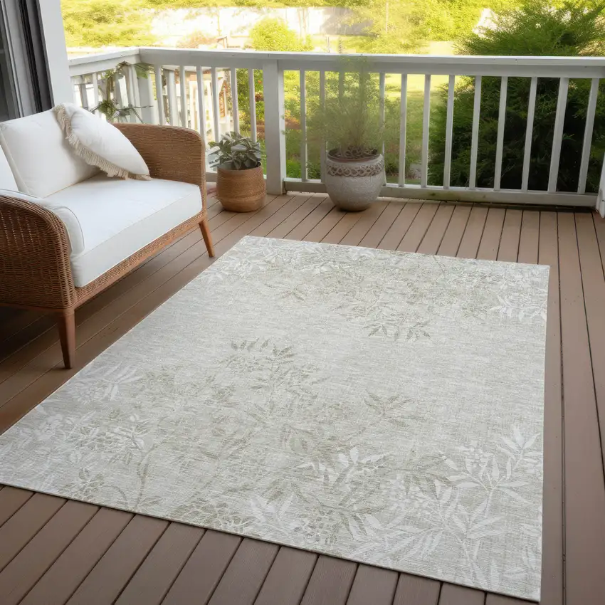 Beige Tan And Ivory Floral Washable Indoor Outdoor Area Rug Photo 9