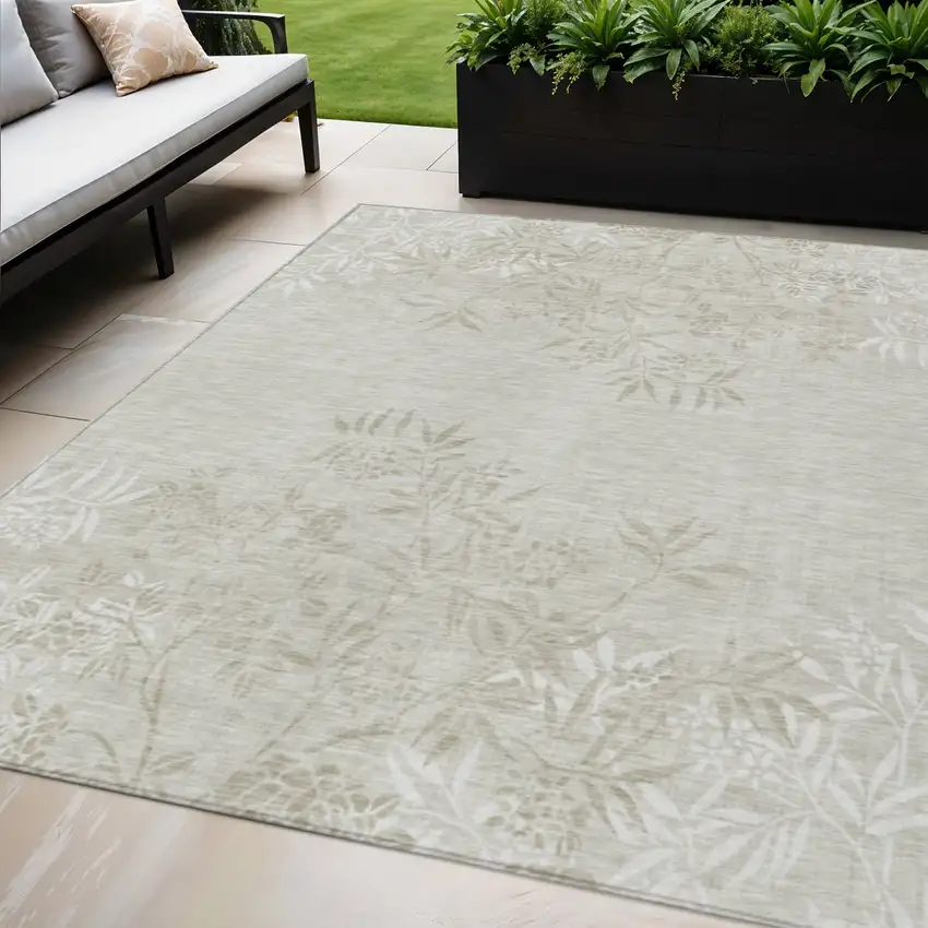 Beige Tan And Ivory Floral Washable Indoor Outdoor Area Rug Photo 1