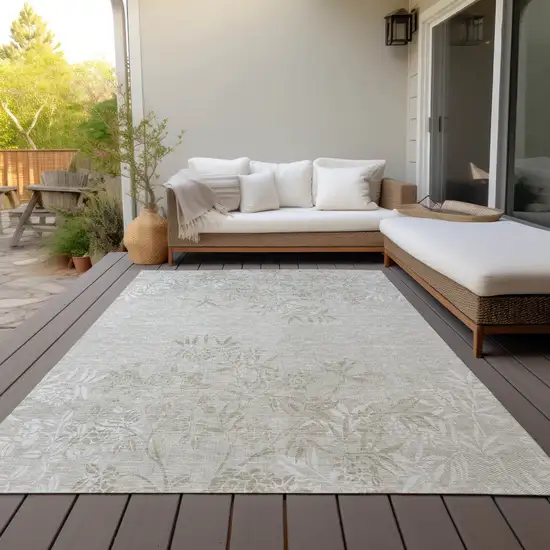 Beige Tan And Ivory Floral Washable Indoor Outdoor Area Rug Photo 8