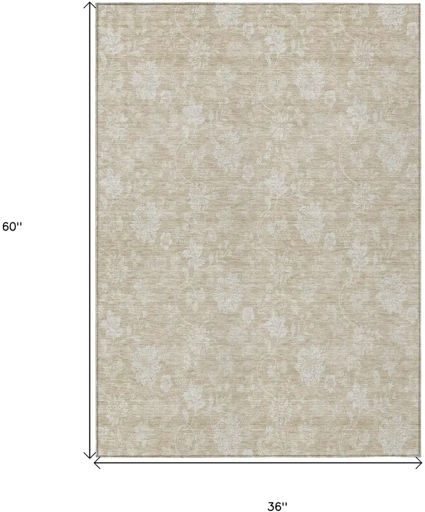Beige Tan And Ivory Floral Washable Indoor Outdoor Area Rug Photo 3