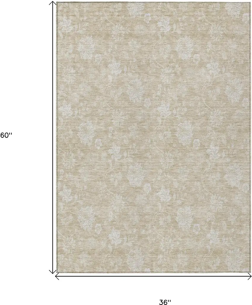 Beige Tan And Ivory Floral Washable Indoor Outdoor Area Rug Photo 3
