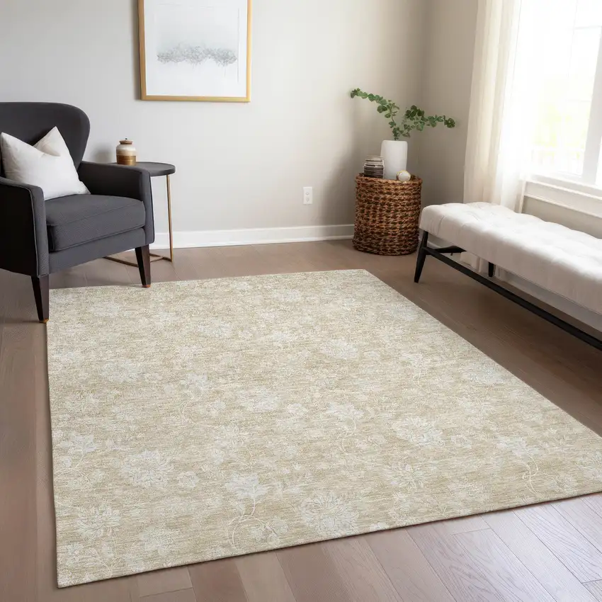 Beige Tan And Ivory Floral Washable Indoor Outdoor Area Rug Photo 9