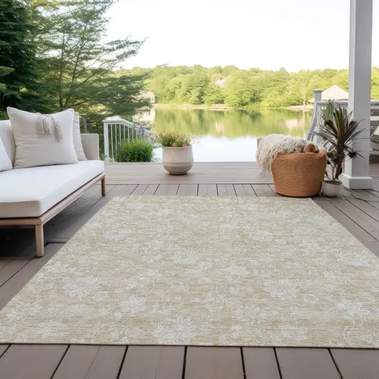 Beige Tan And Ivory Floral Washable Indoor Outdoor Area Rug Photo 9