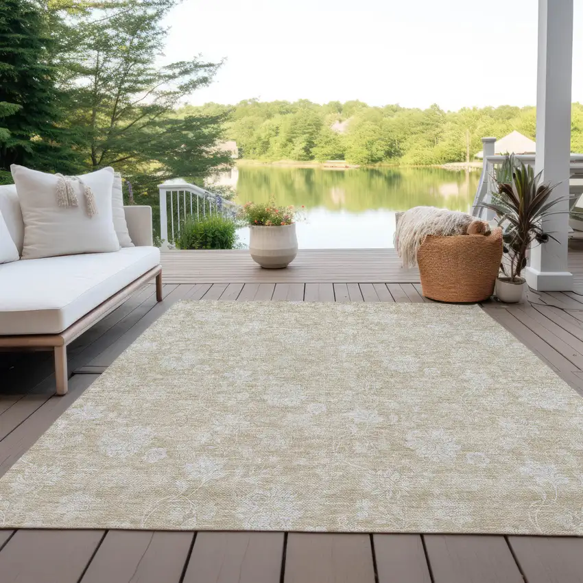 Beige Tan And Ivory Floral Washable Indoor Outdoor Area Rug Photo 9